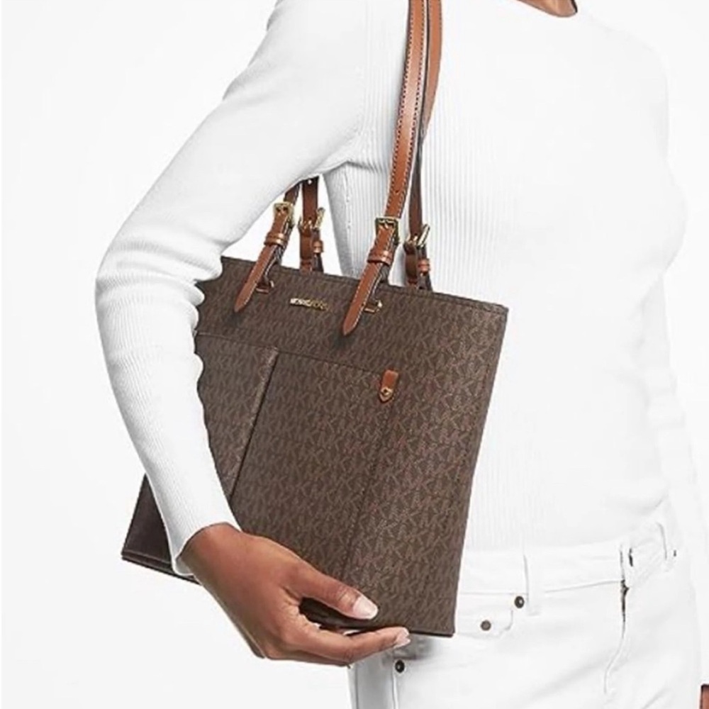 Michael Kors Signature Double Pocket Tote Shoulder Bag Brown
